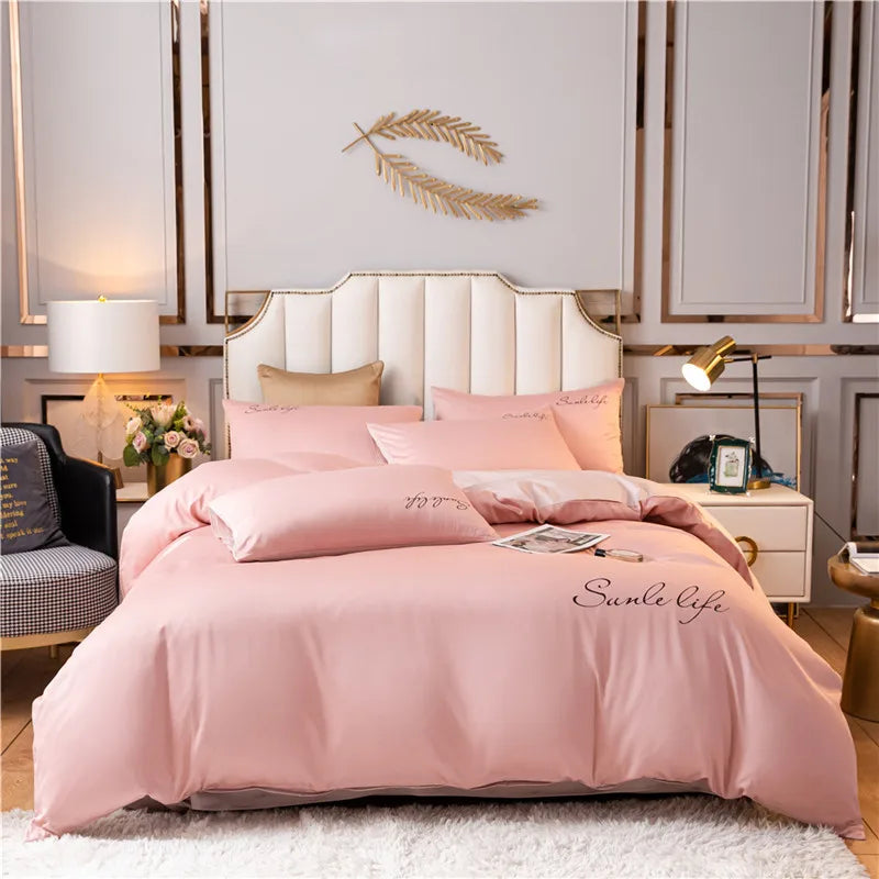 Luxury Bedding Set White Pink Embroidery Comfort  A/B Brushed Fabric Soft Breathable For Four Seasons Nordic Home Textile 3/4Pcs