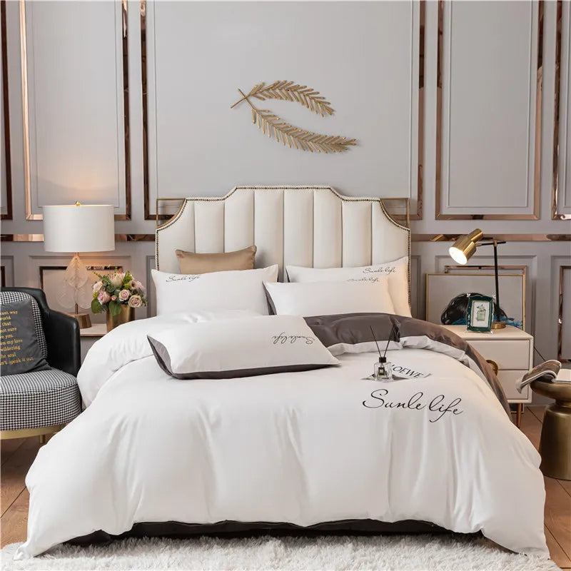 Luxury Bedding Set White Pink Embroidery Comfort  A/B Brushed Fabric Soft Breathable For Four Seasons Nordic Home Textile 3/4Pcs