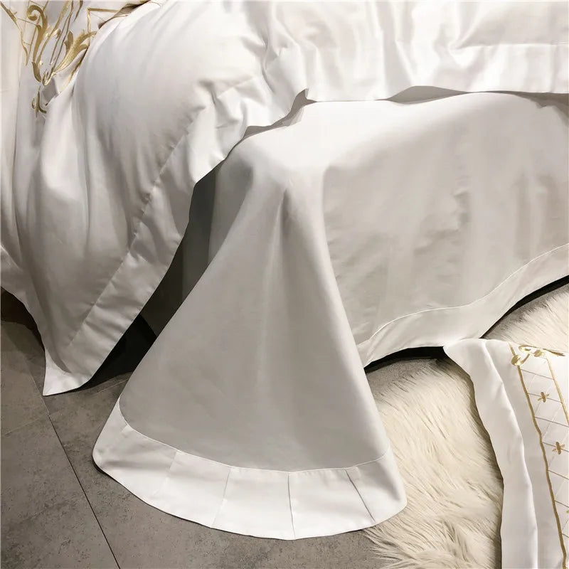 Queen Super King size Bedding set White Egyptian Cotton Gold Embroidery Duvet cover Deep Pocket Fitted sheet Bed sheet