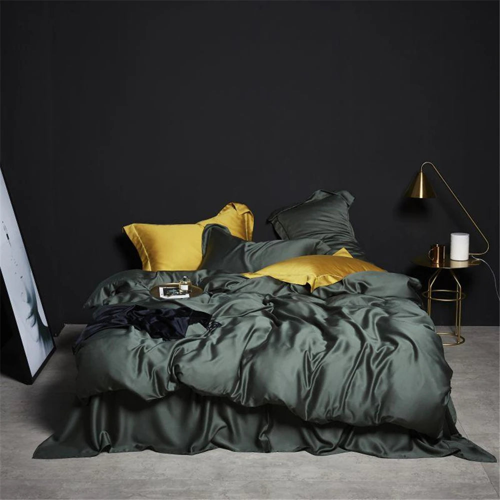 Liv-Esthete Dark Green 100% Silk Bedding Set Healthy Pure Silk Luxury Queen King Duvet Cover Flat Sheet Pillowcase Bed Linen Set