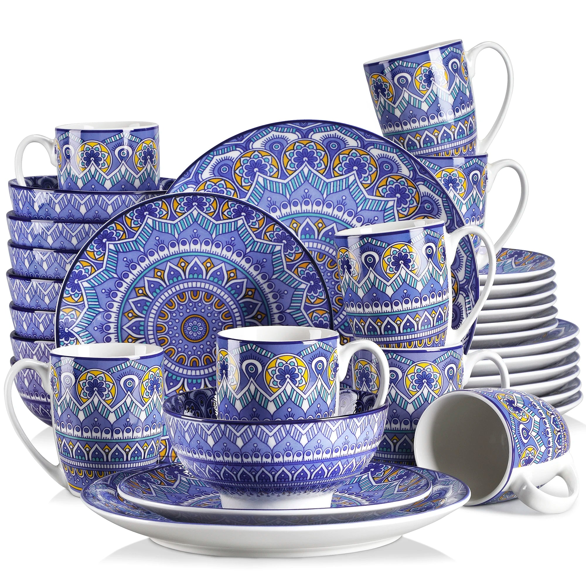 Bohemian Dinnerware Set - Mandala Pattern, 16/32/48pc