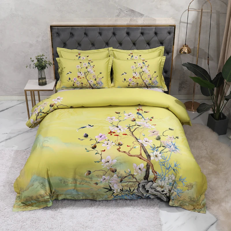 Egyptian Cotton Floral Duvet Set - Gray, Queen/King, 4pcs