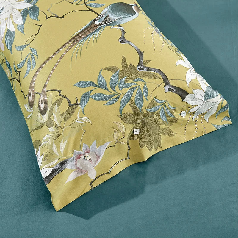 HD Printed Golden Bedding Set – Silky Soft Egyptian Cotton, Birds & Branch Design (Queen, King)