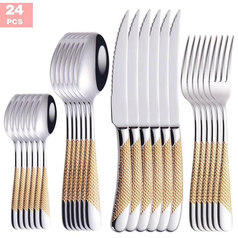 Fashion Golden Dinnerware Set 18/10 Stainless Steel Dinner Knife Fork Cutlery Set Service Silverware Flatware Drop Shipping