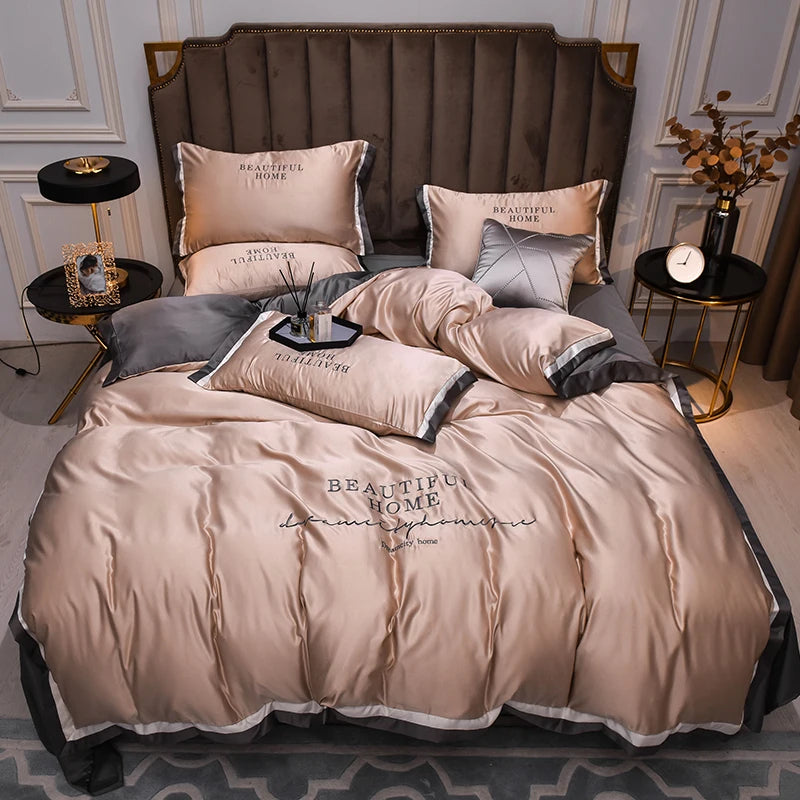 Luxury Bedding Sets Pink Grey White Rayon Embroidery Sheet Quilt Pillowcase Comfortable Soft Fluffy Bedding King Queen 4pcs