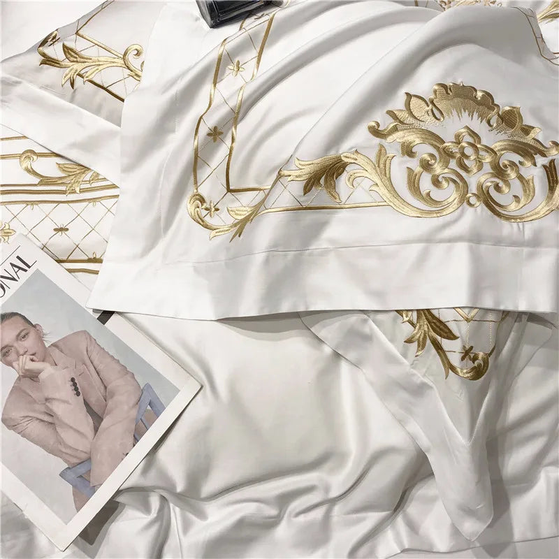 Queen Super King size Bedding set White Egyptian Cotton Gold Embroidery Duvet cover Deep Pocket Fitted sheet Bed sheet