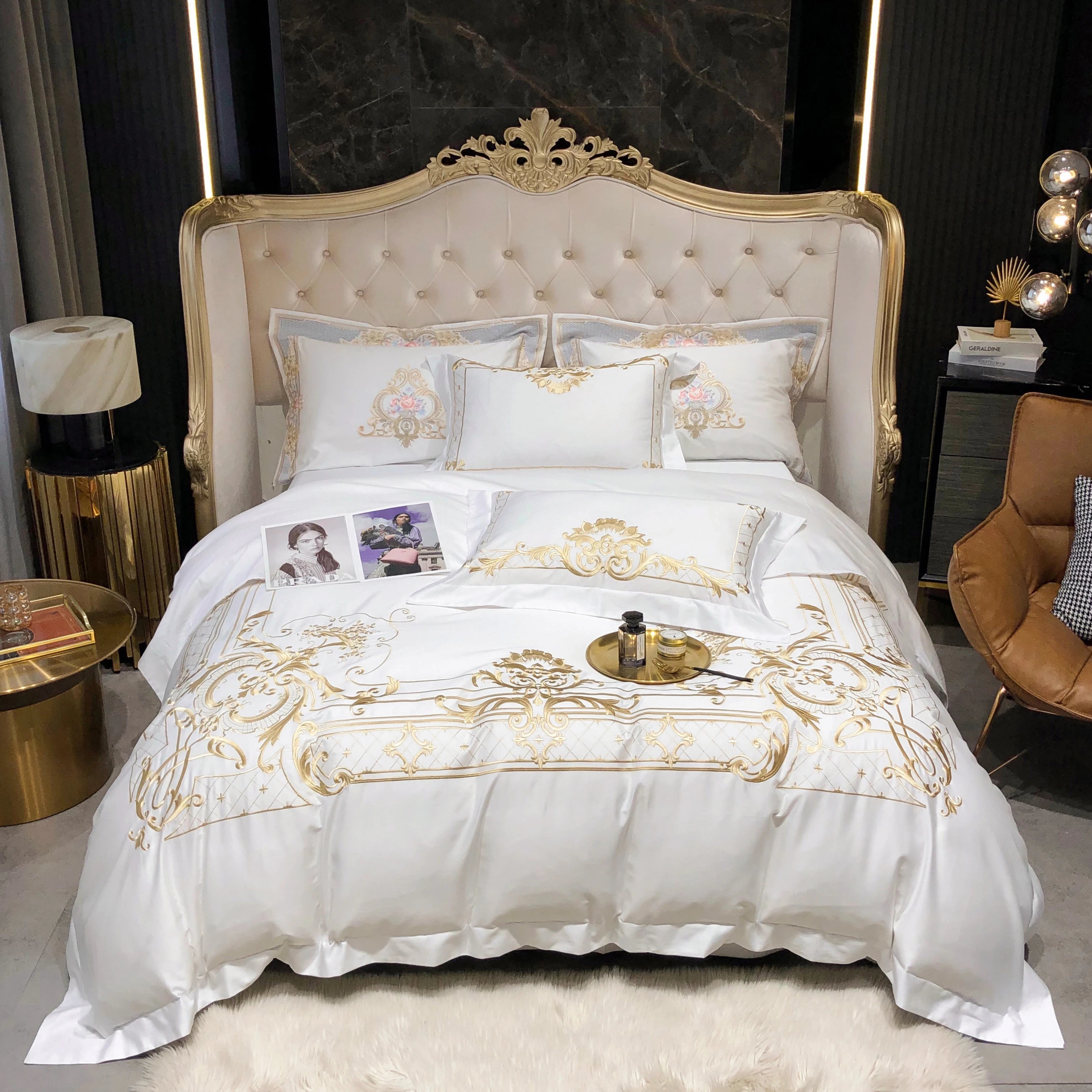 Queen Super King size Bedding set White Egyptian Cotton Gold Embroidery Duvet cover Deep Pocket Fitted sheet Bed sheet