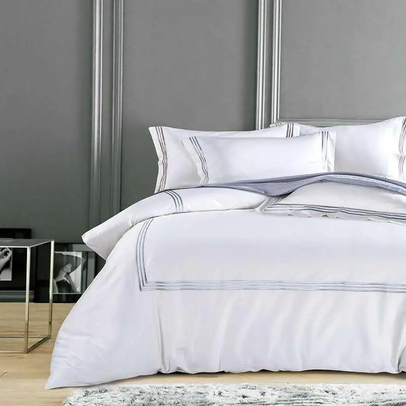 Silky Egyptian Cotton Bed Set - White, Chinese Embroidery, Queen/King