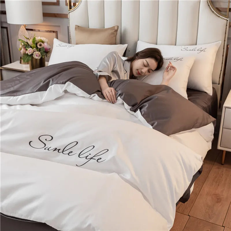 Luxury Bedding Set White Pink Embroidery Comfort  A/B Brushed Fabric Soft Breathable For Four Seasons Nordic Home Textile 3/4Pcs