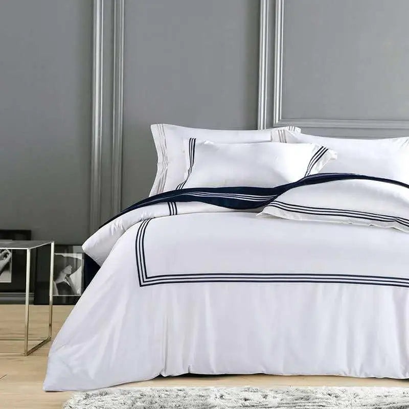 Silky Egyptian Cotton Bed Set - White, Chinese Embroidery, Queen/King