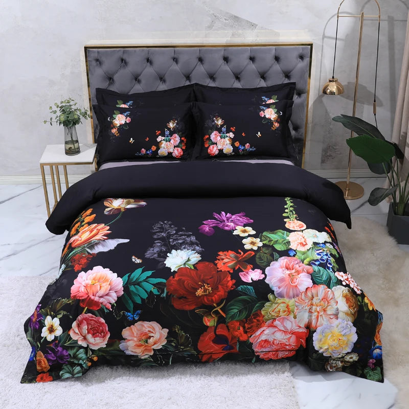 Egyptian Cotton Floral Duvet Set - Gray, Queen/King, 4pcs