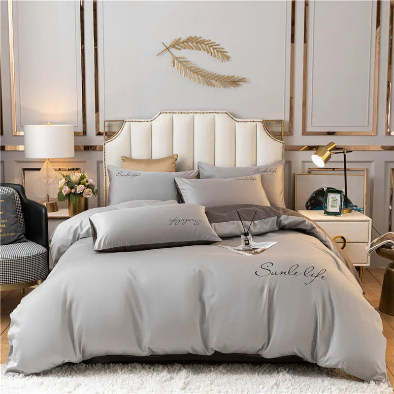 Luxury Bedding Set White Pink Embroidery Comfort  A/B Brushed Fabric Soft Breathable For Four Seasons Nordic Home Textile 3/4Pcs