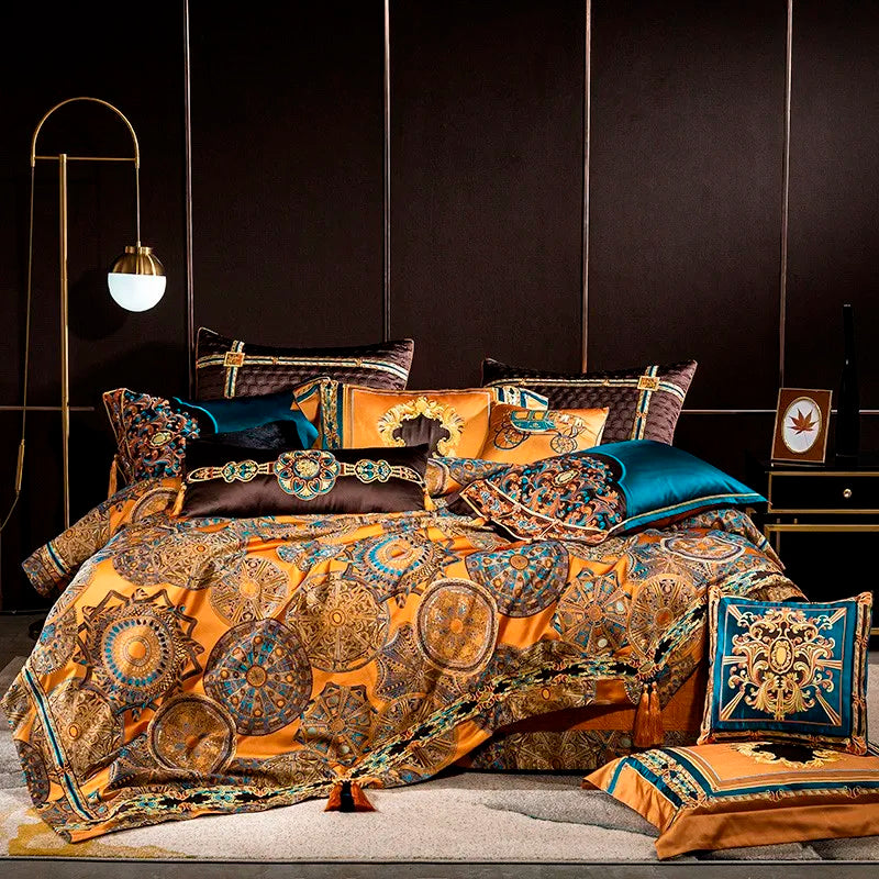 Chic Home 4/6/10Pcs Place Faux Silk Luxury Large Jacquard with Embroidery Golden Bedding set Duvet Cover Bedspread Bed Sheet set