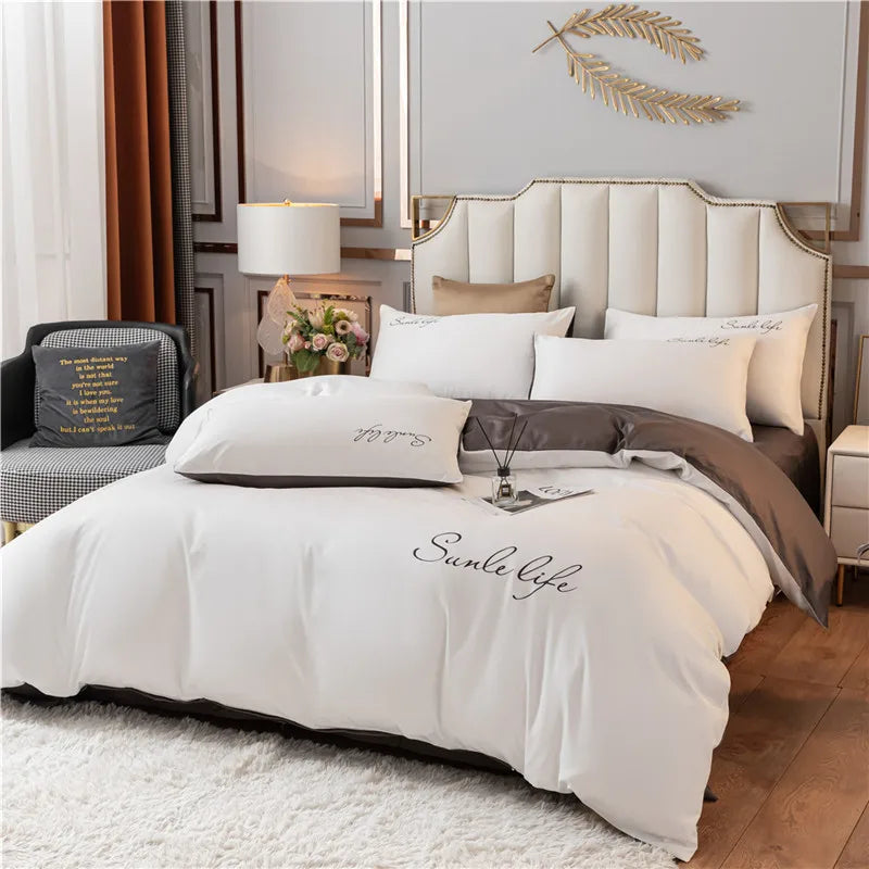 Luxury Bedding Set White Pink Embroidery Comfort  A/B Brushed Fabric Soft Breathable For Four Seasons Nordic Home Textile 3/4Pcs