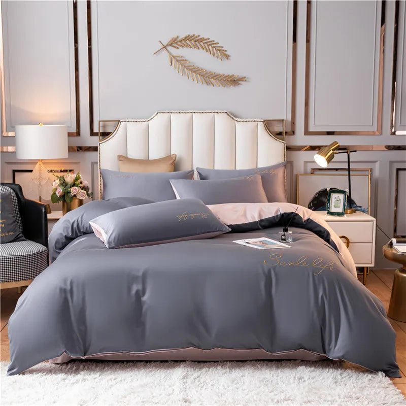 Luxury Bedding Set White Pink Embroidery Comfort  A/B Brushed Fabric Soft Breathable For Four Seasons Nordic Home Textile 3/4Pcs