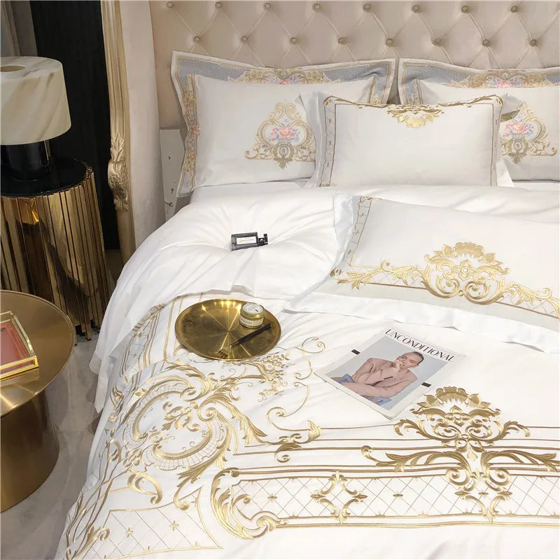 Queen Super King size Bedding set White Egyptian Cotton Gold Embroidery Duvet cover Deep Pocket Fitted sheet Bed sheet