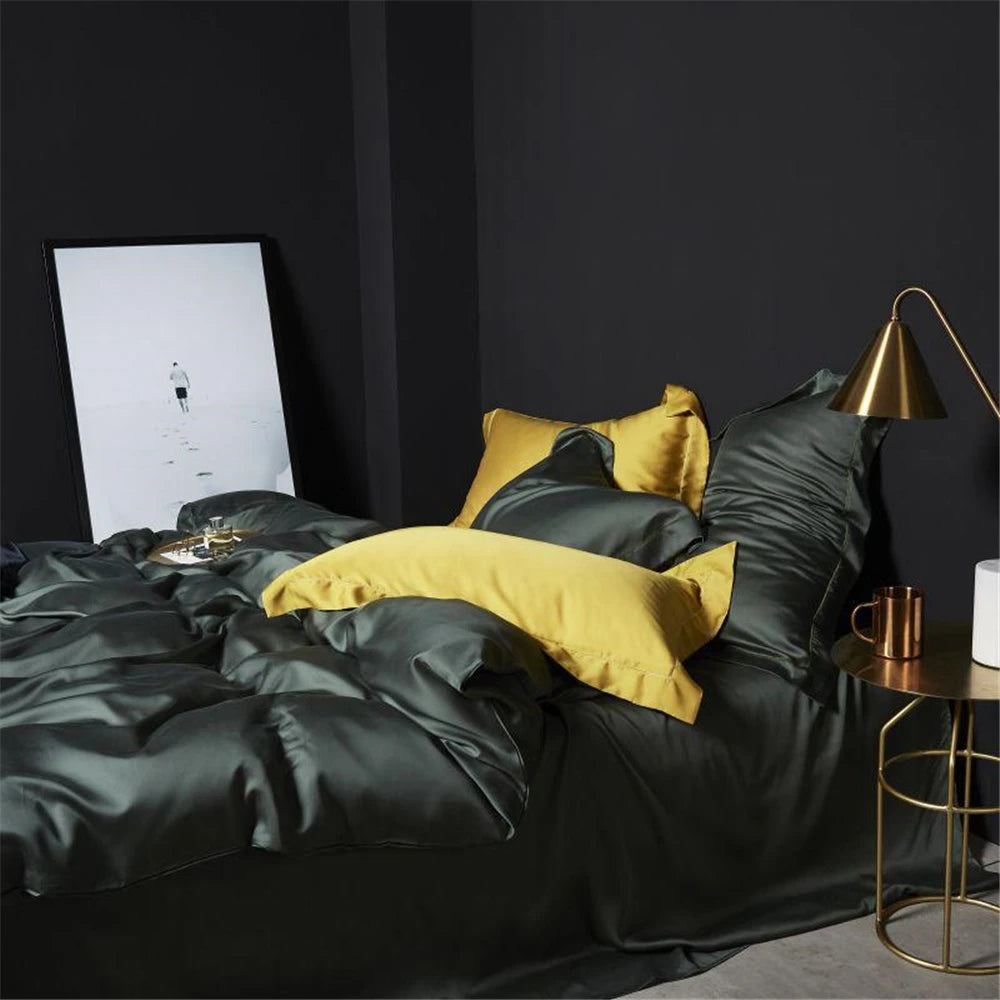 Liv-Esthete Dark Green 100% Silk Bedding Set Healthy Pure Silk Luxury Queen King Duvet Cover Flat Sheet Pillowcase Bed Linen Set