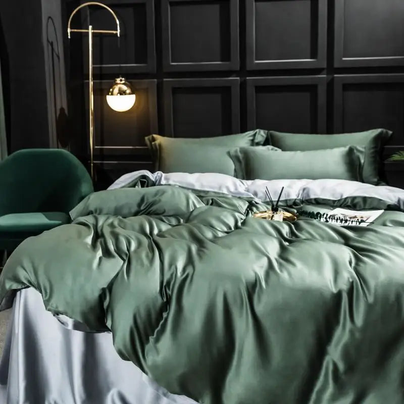 Liv-Esthete Beauty Luxury 100% Silk Bedding Set Green Gray Super Soft Quilt Cover Flat Sheet Pillowcase Queen King Bed Set