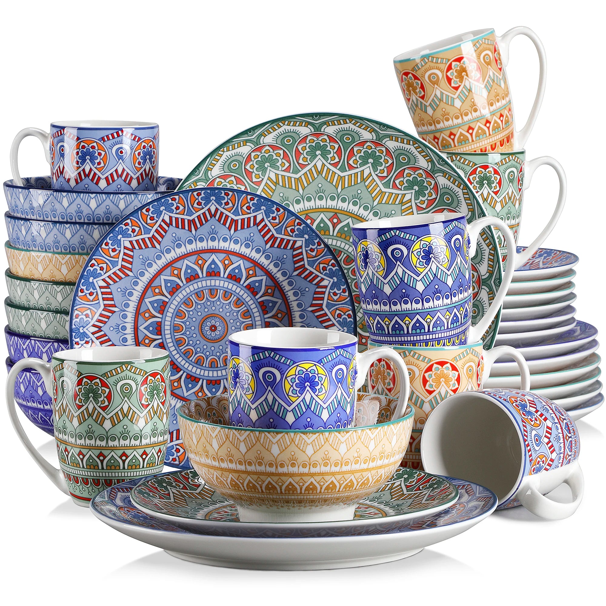Bohemian Dinnerware Set - Mandala Pattern, 16/32/48pc