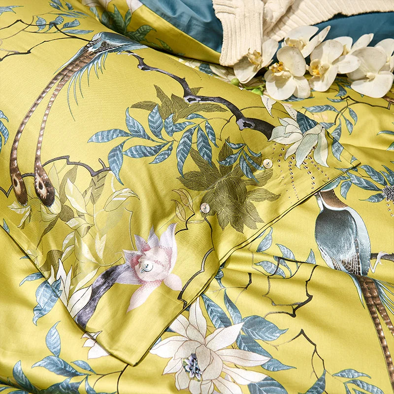 HD Printed Golden Bedding Set – Silky Soft Egyptian Cotton, Birds & Branch Design (Queen, King)