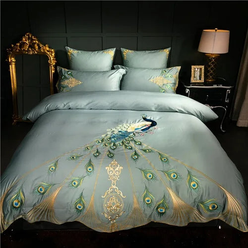 Luxury Embroidered Bed Set - 600TC Egyptian Cotton, Peacock Design, Queen/Super King