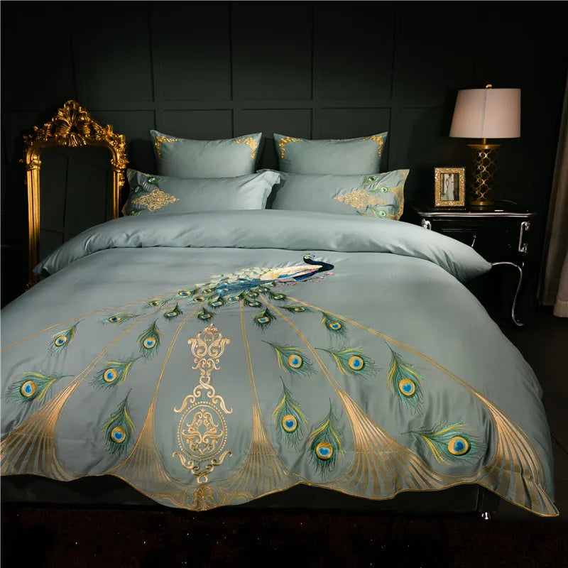 Luxury Embroidered Bed Set - 600TC Egyptian Cotton, Peacock Design, Queen/Super King