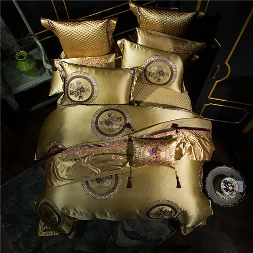 Golden Silver Red Luxury Wedding Royal Bedding sets Queen King size Embroidery Silk Satin Bohemia Duvet cover Bed sheet set