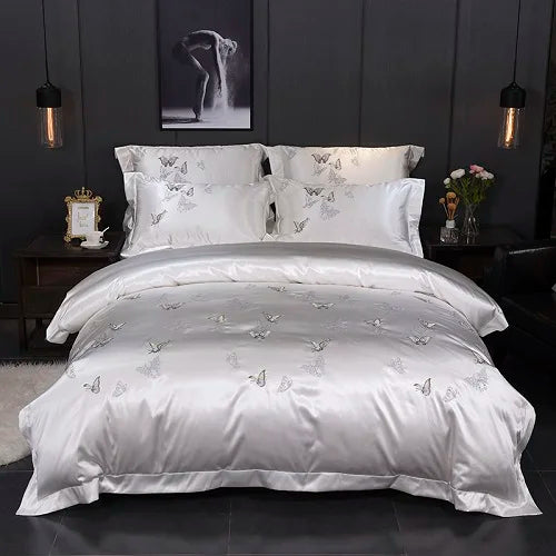 4Pcs Silver White Luxury Silky Cotton Bedding set Chic Embroidery Butterfly US Queen King size Duvet cover bed sheet set