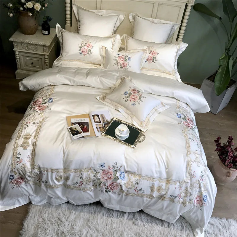 1000TC Egyptian Cotton Luxury Embroidery White Bedding Set Queen King size Super King Duvet Cover Bed sheet set parure de lit