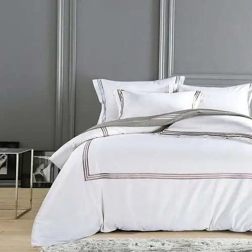 Silky Egyptian Cotton Bed Set - White, Chinese Embroidery, Queen/King