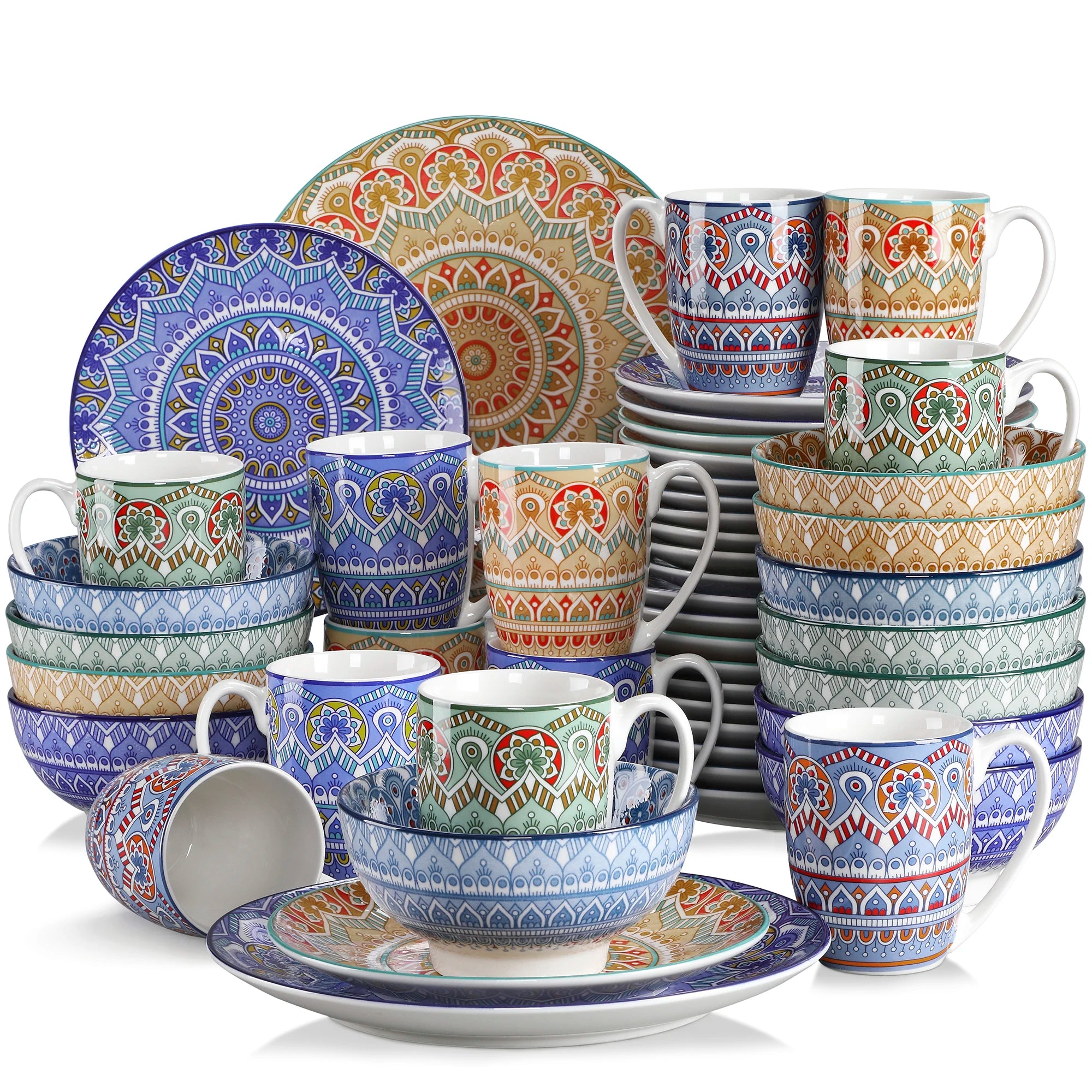 Bohemian Dinnerware Set - Mandala Pattern, 16/32/48pc