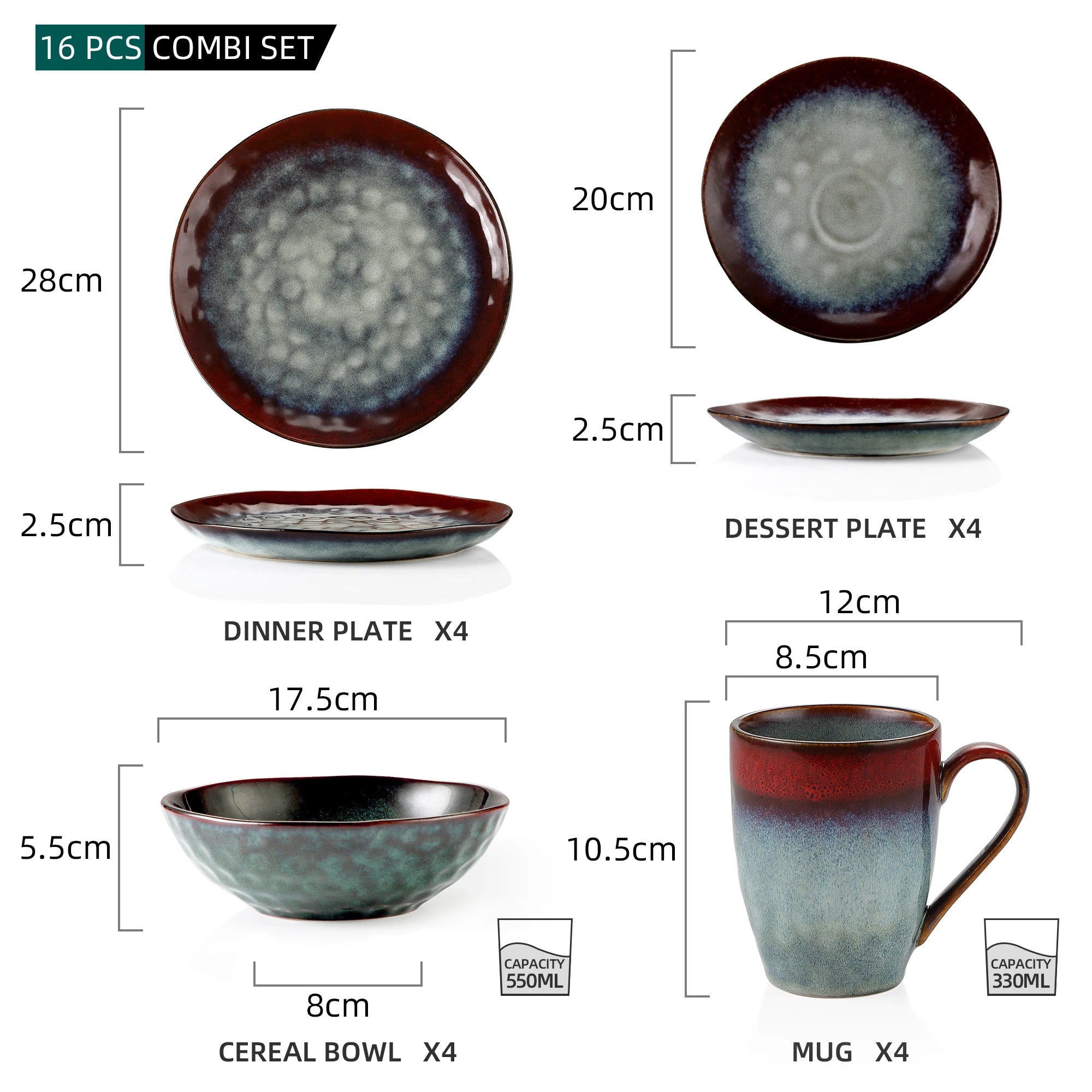 vancasso 16/32/48-Piece Dinner Set,Red Green Kiln Change Glaze Tableware Dinner Service with Dinner Plate,Dessert Plate,Bowl,Mug