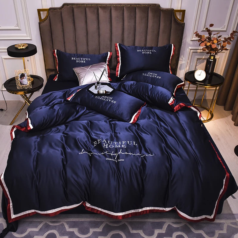 Luxury Bedding Sets Pink Grey White Rayon Embroidery Sheet Quilt Pillowcase Comfortable Soft Fluffy Bedding King Queen 4pcs