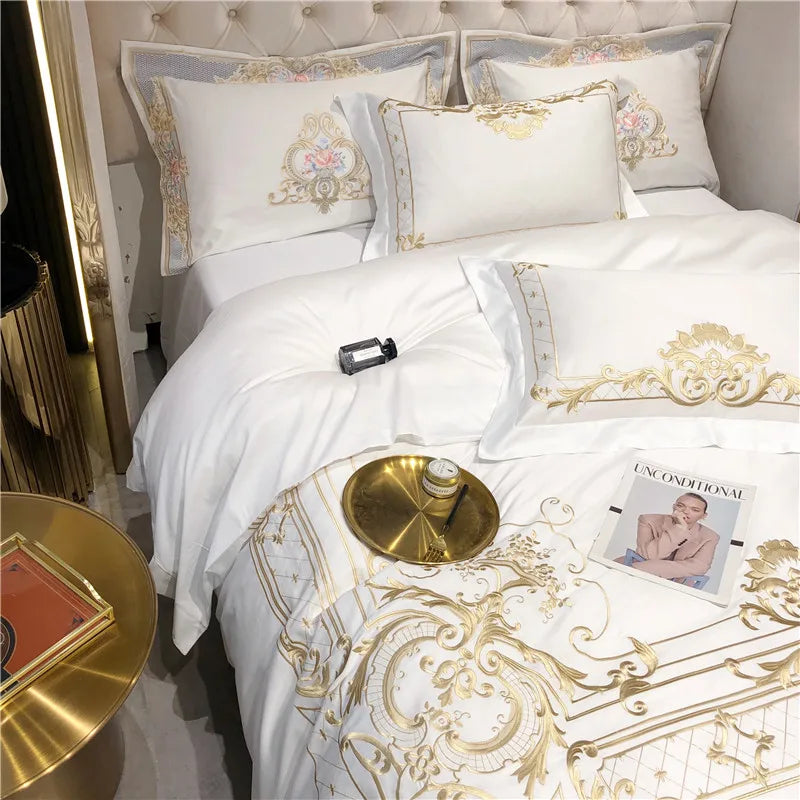 Queen Super King size Bedding set White Egyptian Cotton Gold Embroidery Duvet cover Deep Pocket Fitted sheet Bed sheet