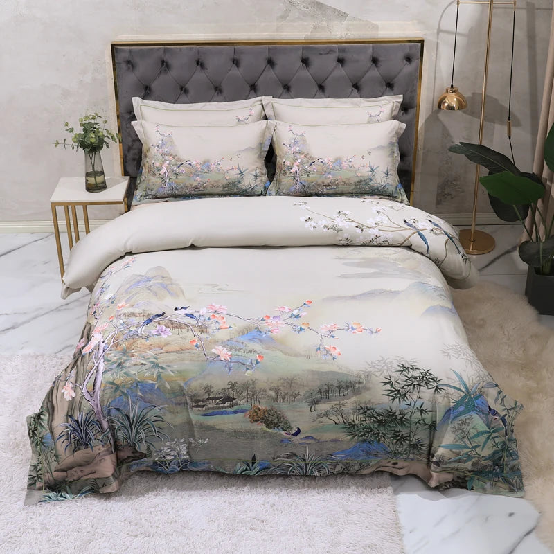Egyptian Cotton Floral Duvet Set - Gray, Queen/King, 4pcs