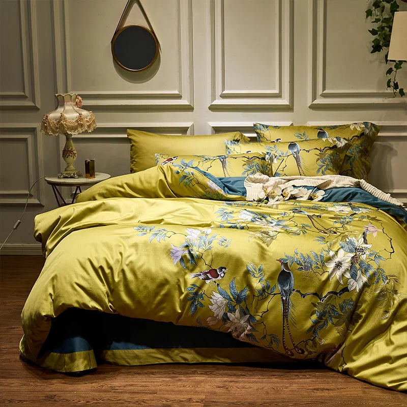 Golden HD Printed Bed Set - Egyptian Cotton, Birds & Branches, Queen/King