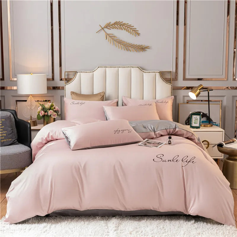 Luxury Bedding Set White Pink Embroidery Comfort  A/B Brushed Fabric Soft Breathable For Four Seasons Nordic Home Textile 3/4Pcs