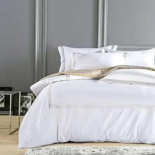 Silky Egyptian Cotton Bed Set - White, Chinese Embroidery, Queen/King