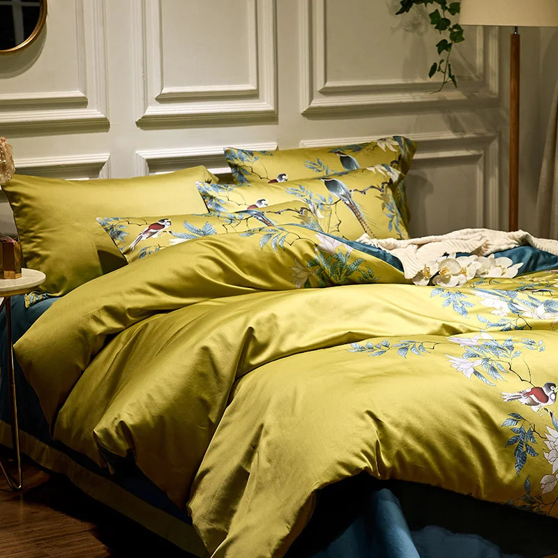 HD Printed Golden Bedding Set – Silky Soft Egyptian Cotton, Birds & Branch Design (Queen, King)