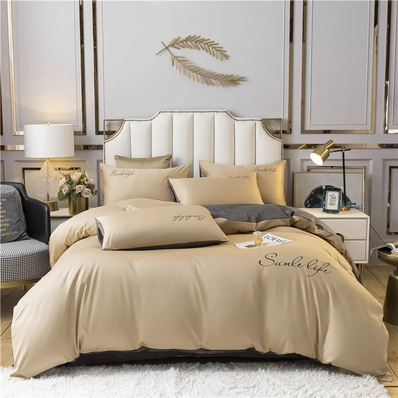 Luxury Bedding Set White Pink Embroidery Comfort  A/B Brushed Fabric Soft Breathable For Four Seasons Nordic Home Textile 3/4Pcs