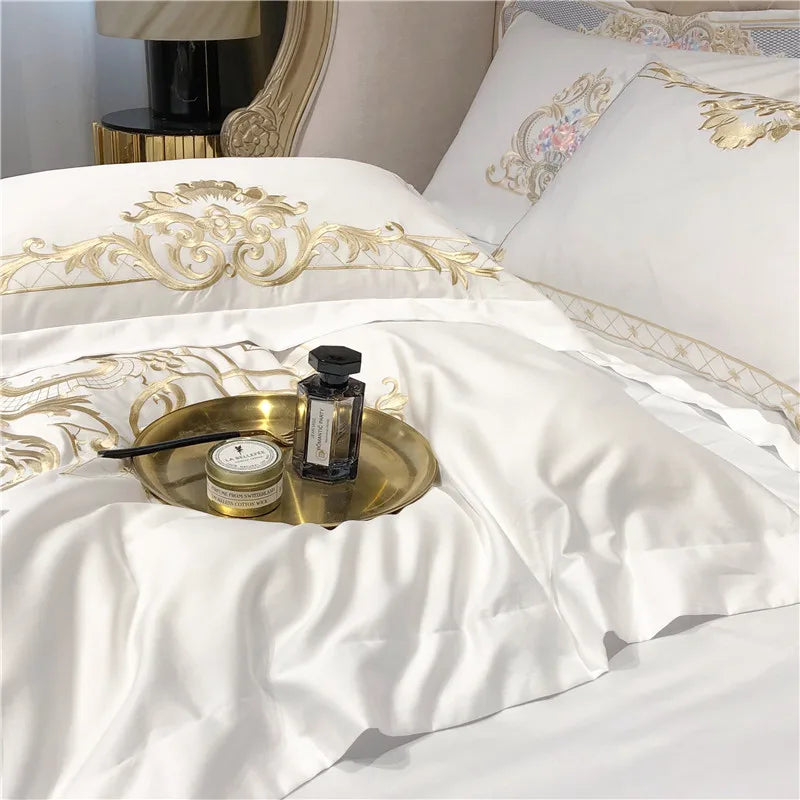 Queen Super King size Bedding set White Egyptian Cotton Gold Embroidery Duvet cover Deep Pocket Fitted sheet Bed sheet