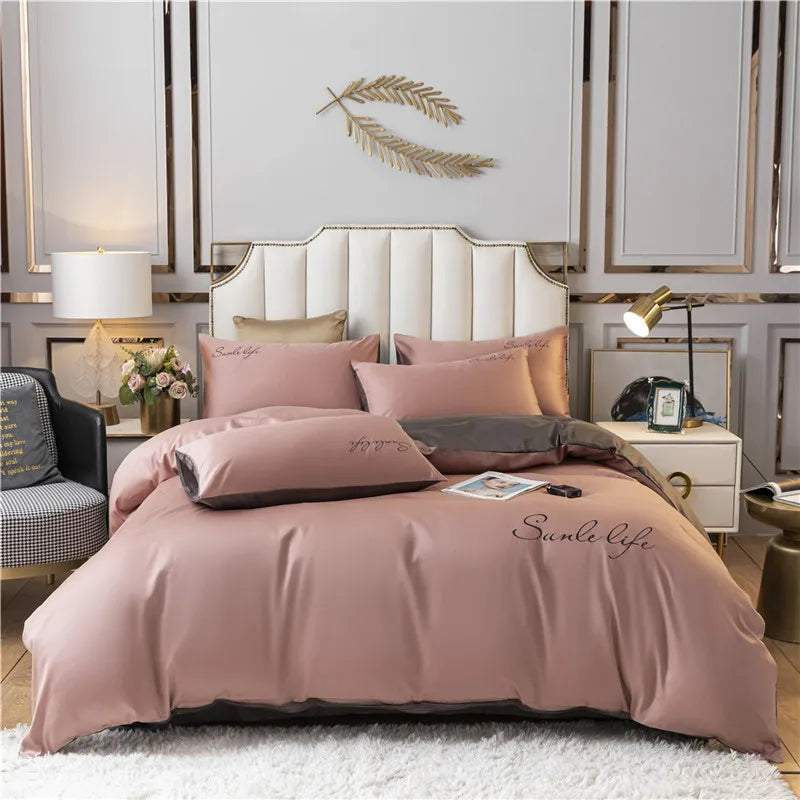 Luxury Bedding Set White Pink Embroidery Comfort  A/B Brushed Fabric Soft Breathable For Four Seasons Nordic Home Textile 3/4Pcs