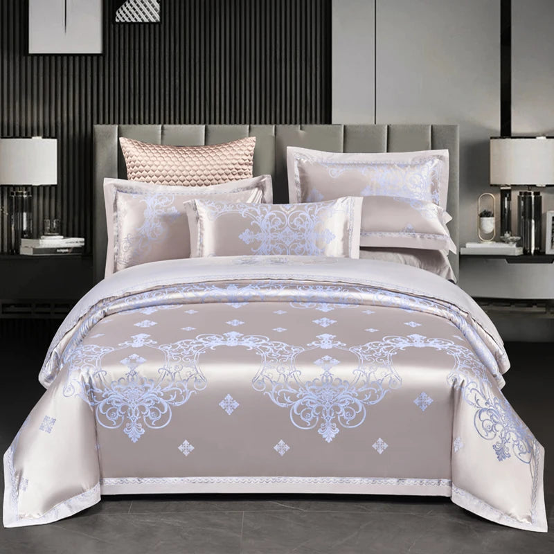 Luxury Jacquard Bedding Sets Floral Grey Pink Comfort A/B High-End Embroidery Duvet Pillowcase Flat Bed Sheet Queen King Size