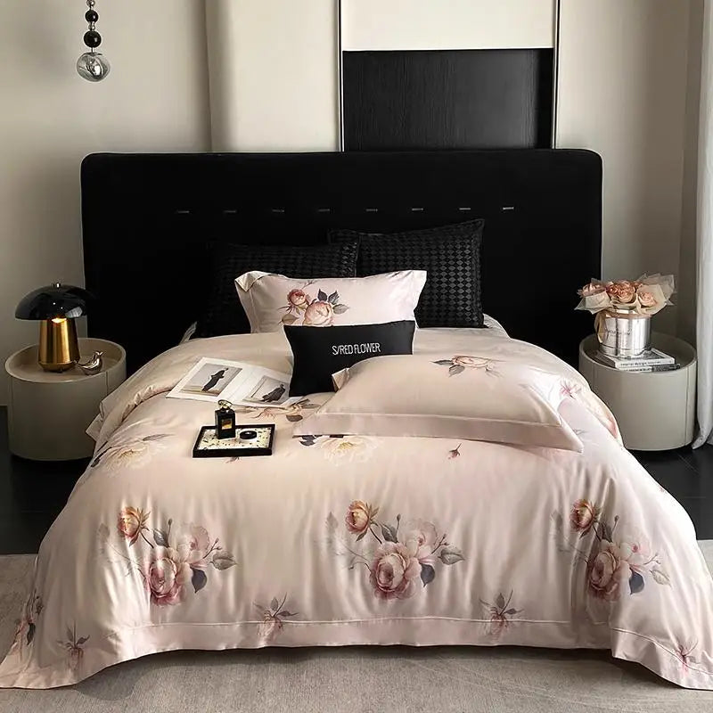 4Pcs Pink Blooming Flowers Pattern Duvet Cover Set with Zipper Closure,4Pcs Cotton Bedding Set with 1 Flat/Fitted sheet  2Pillow