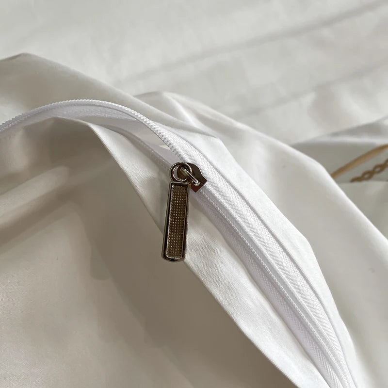 Luxury Egyptian Cotton Bed Set - Gold Embroidery, White/Grey, Hotel Style