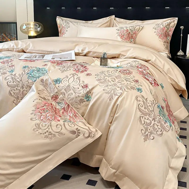 2025 New 100%Cotton Chic Embroidery Bedding Set Double Queen King 4Pcs Duvet Cover Flat/Fitted Bed Sheet Pillowcases