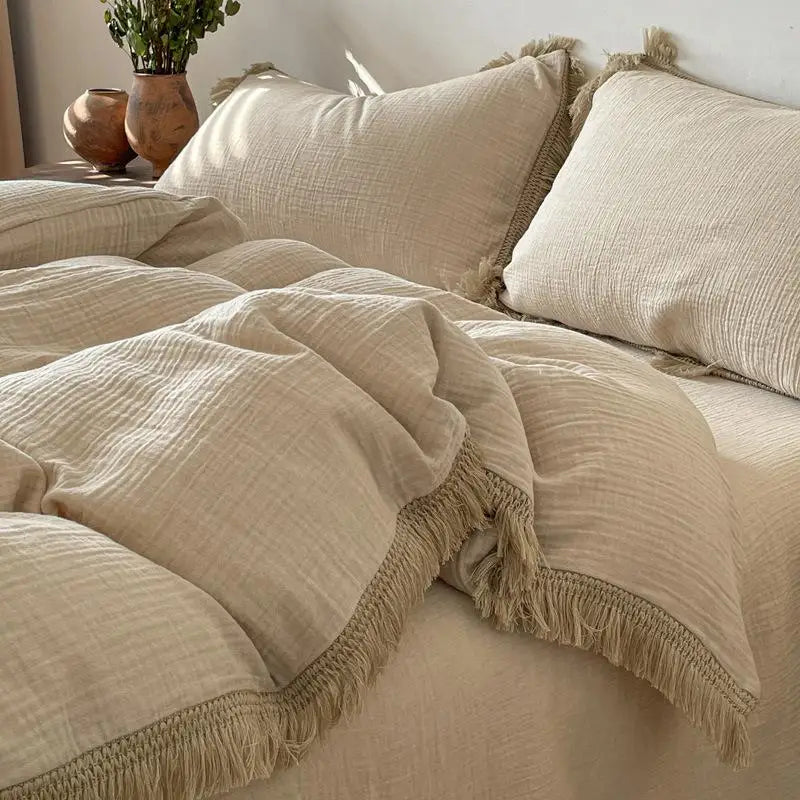 Tassels Duvet Cover Set 100% Cotton seersucker Linen Like Textured Natural Wrinkle Lightweight Comfy Soft Bed Sheet 2Pillowcases