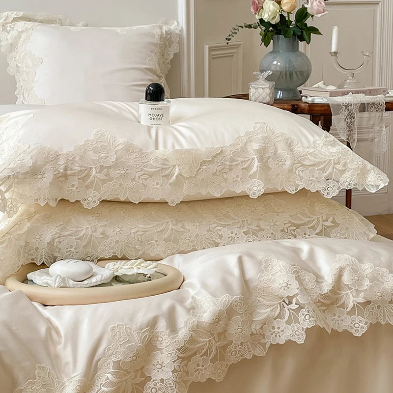 Romantic French Wedding Chic Flowers Lace Edge Woman Bedding Set 1000TC Egyptian Cotton Girl Duvet Cover Bed Sheet Pillowcases