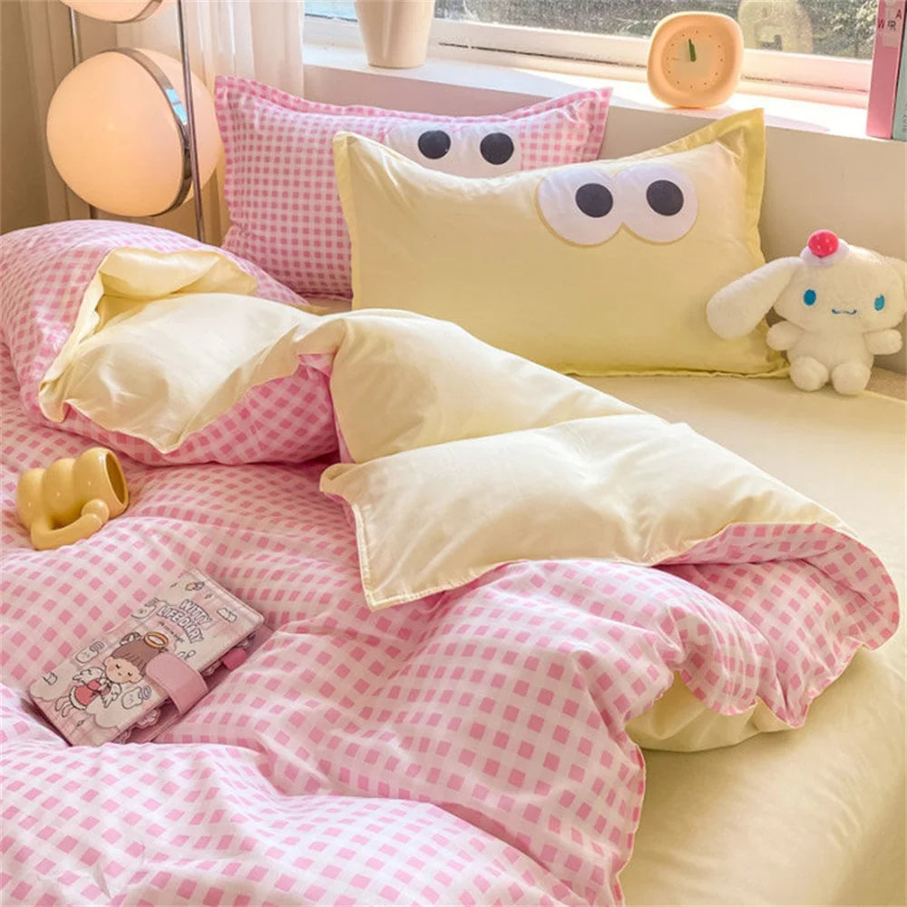 Ins Princess Heart Printed Duvet Cover Set Pillowcase Bed Sheet Girls Bedding Queen Twin Cute Flower Grid Quilt Cover No Filler