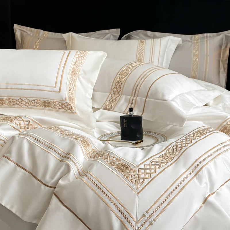 Luxury Egyptian Cotton Bed Set - Gold Embroidery, White/Grey, Hotel Style